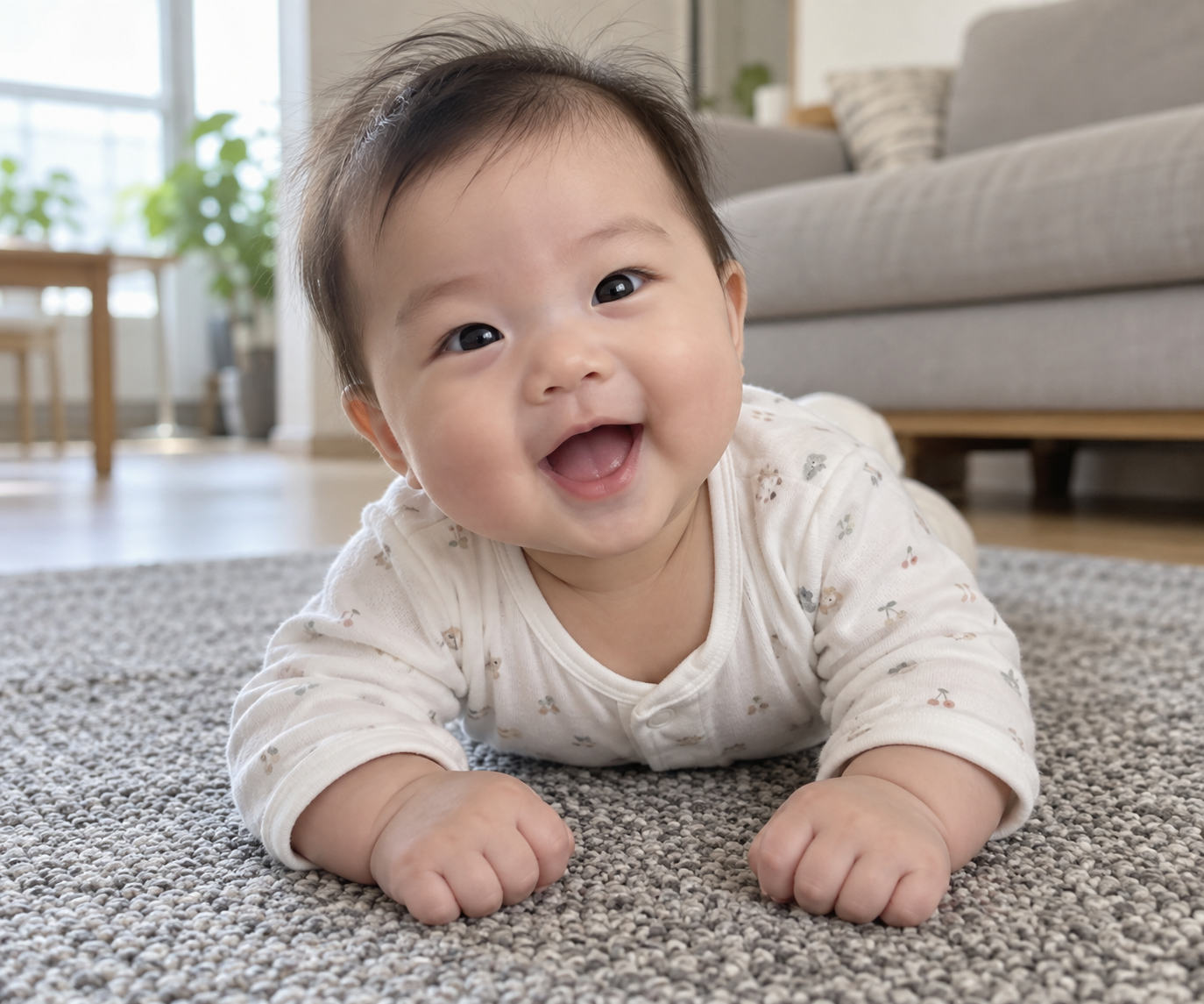 거실 러그 위에서 고개를 들고 웃는 엎드린 아기. 백일의 기절 시기에 뒤집기를 연습하는 모습