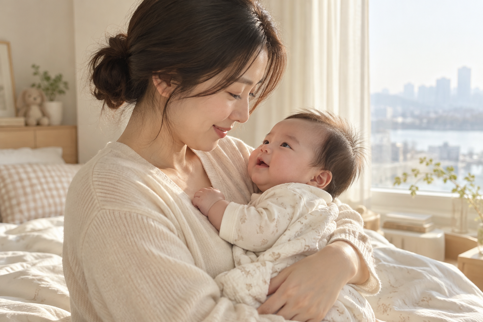 아기를 안고 있는 한국 엄마와 아침의 빛