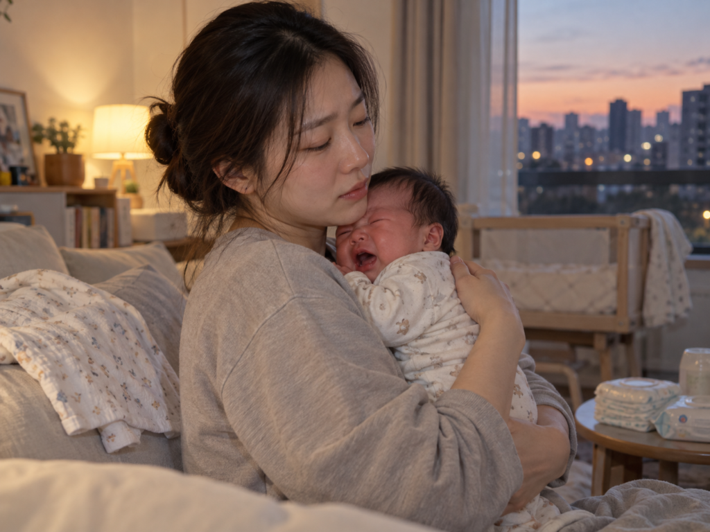 우는 신생아를 품에 안고 달래는 엄마