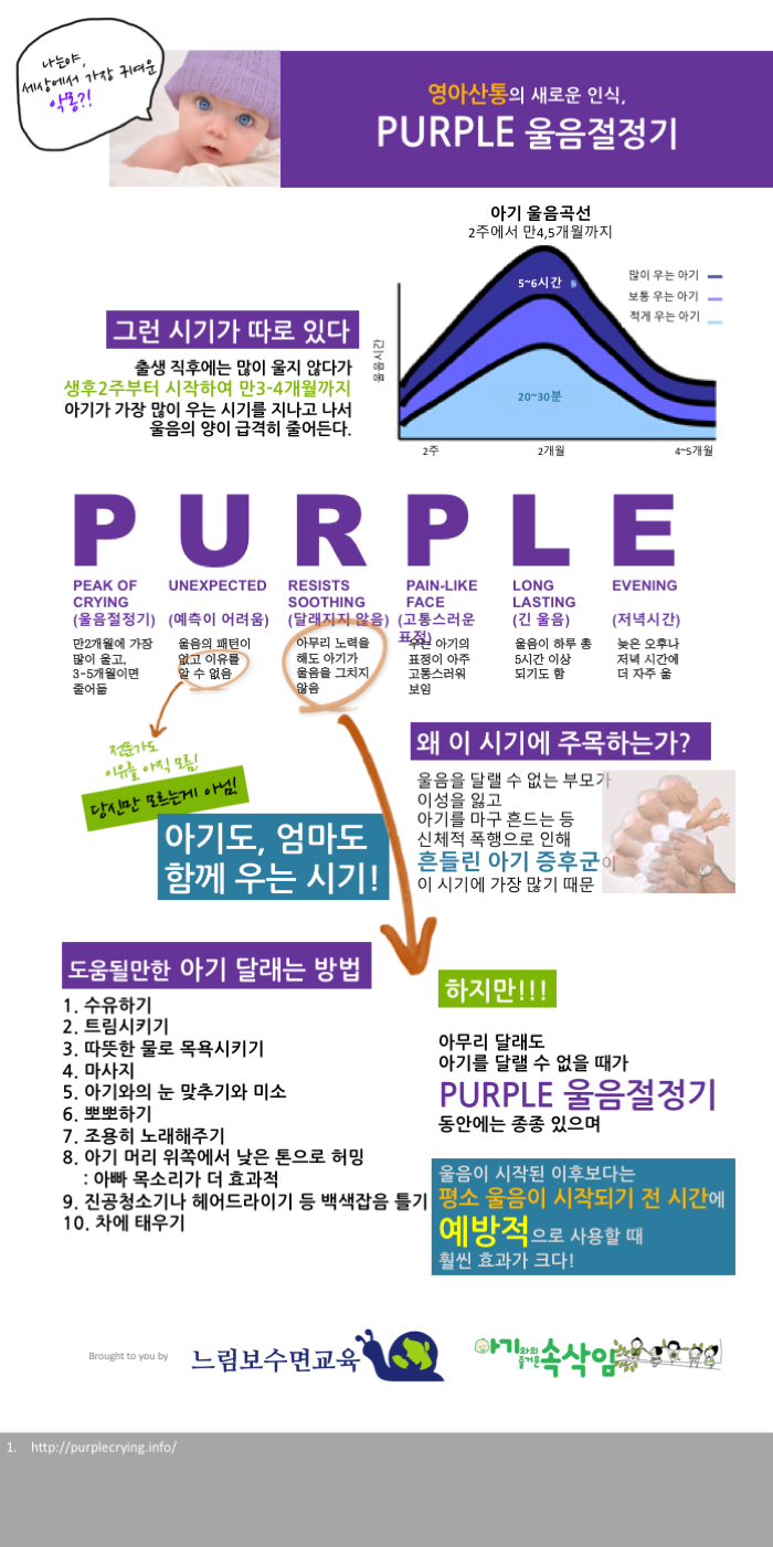 퍼플 크라잉 시기에 보호자가 기억할 내용을 정리한 세로형 인포그래픽